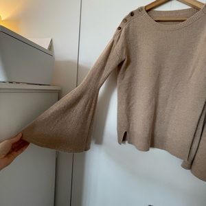 Cashmere camel colored sweater with shoulder buttons and bell sleeves